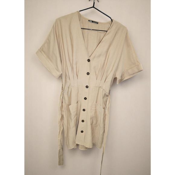 Zara Sand Short Linen Blend Dress With Belt Size S - Picture 6 of 9